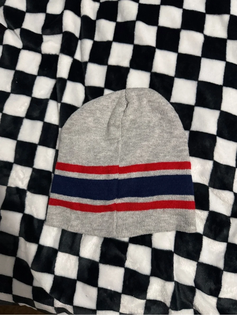 Disney Gray Mickey Mouse Beanie with Red and Blue Stripes